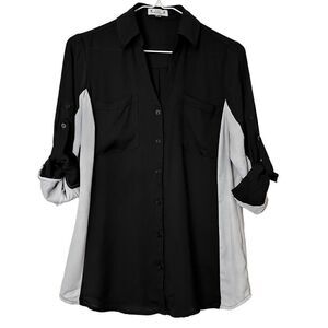 Express Colorblock Roll Tab Sleeve Portofino Blouse Shirt Black & White Small